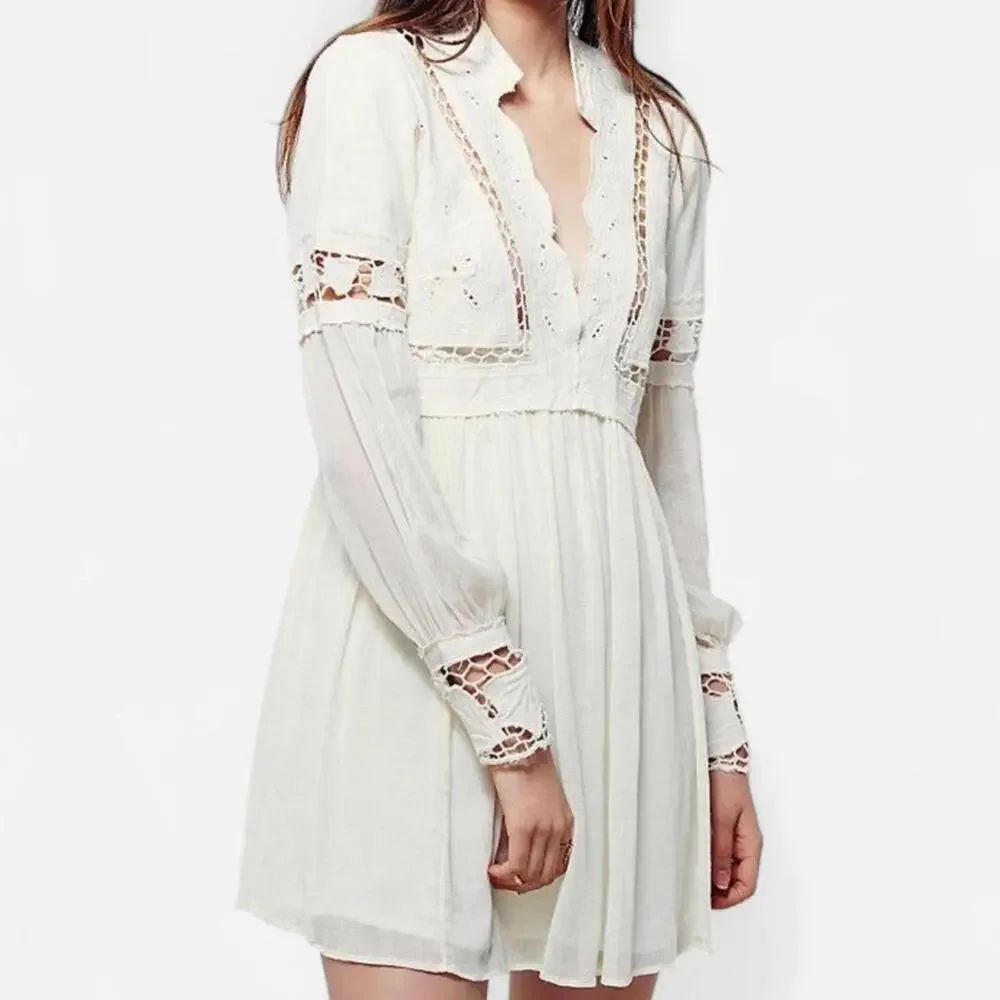 Free People Dreamland Dress Womens 10 Ivory Lace Boho Romantic Cottagecore - Picture 1 of 8